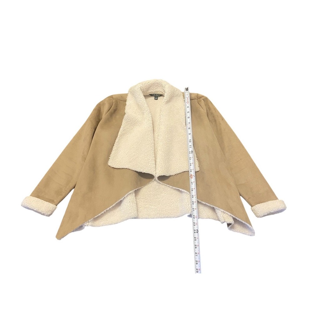 Ralph Lauren Faux Suede Sherpa Fleece Draped Front Luxury Jacket Tan Beige Small - Picture 5 of 7